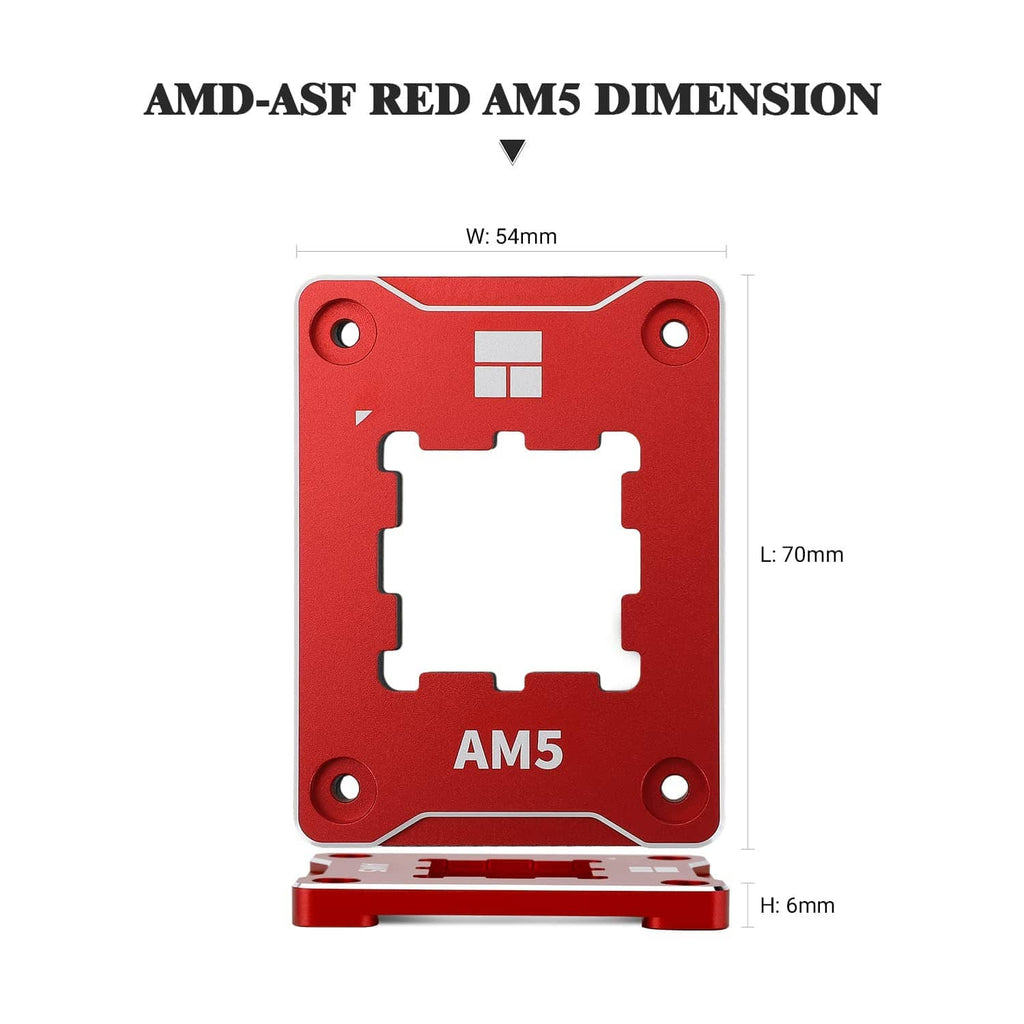Red AM5 CPU mounting frame with central cutout and four corner screw holes, AM5 labeled