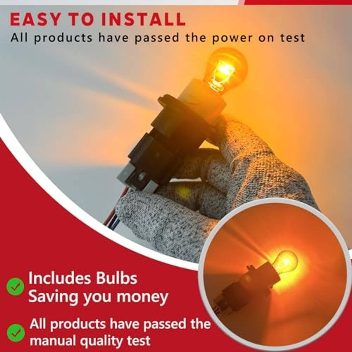 Turn signal light socket with wiring harness, lit amber bulb