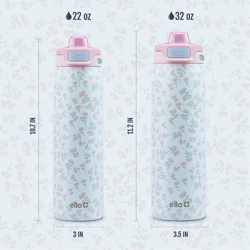 Serene Blooms stainless steel water bottle with pink lid, two size views