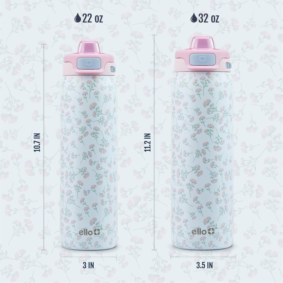 Serene Blooms stainless steel water bottle with pink lid, two size views