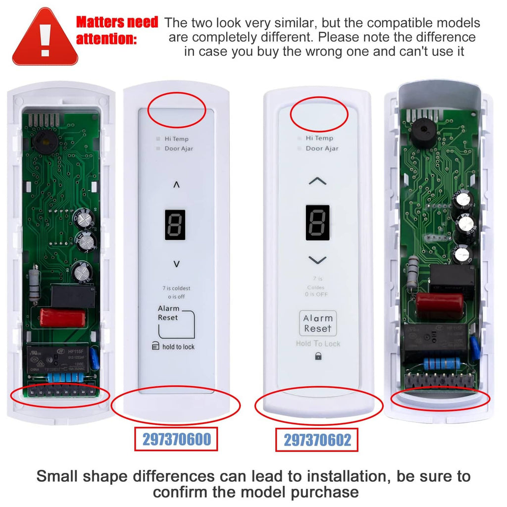 Open freezer control unit with green circuit board and white button panel