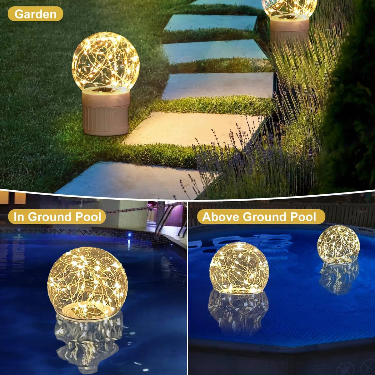 Pool chlorinator floater with glowing solar ball light shown in ground and above-ground pools
