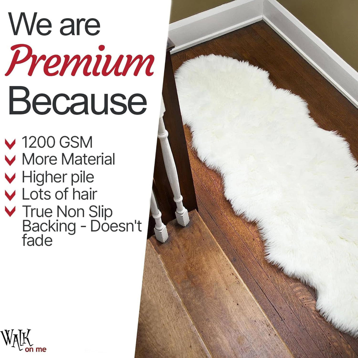 White faux fur rug in narrow hallway with non-slip backing placement on wood floor