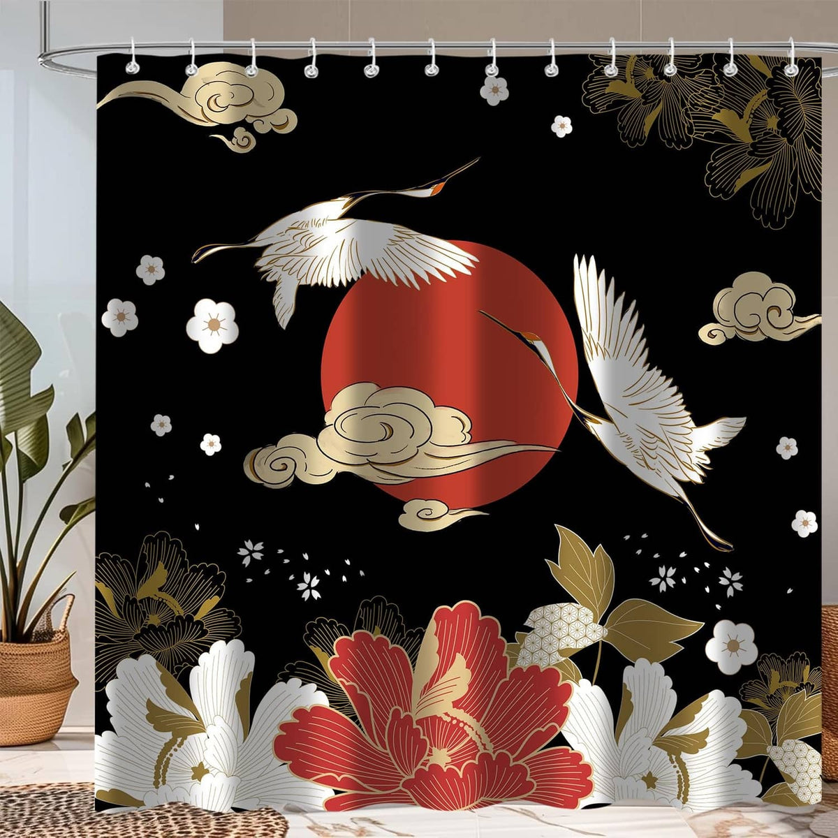 Black shower curtain with red sun, gold cranes, and large white and red flower accents