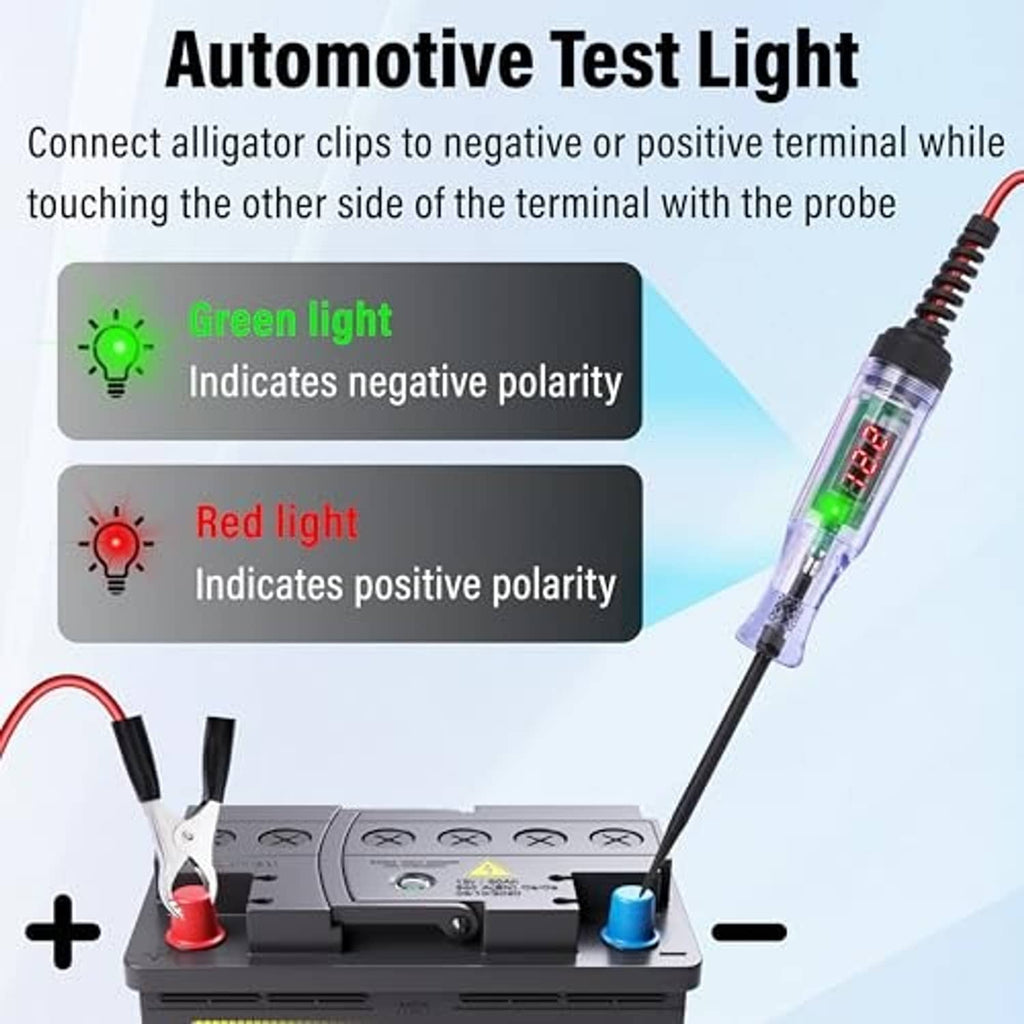 Automotive test light with probe, alligator clips, and red/green polarity indicators