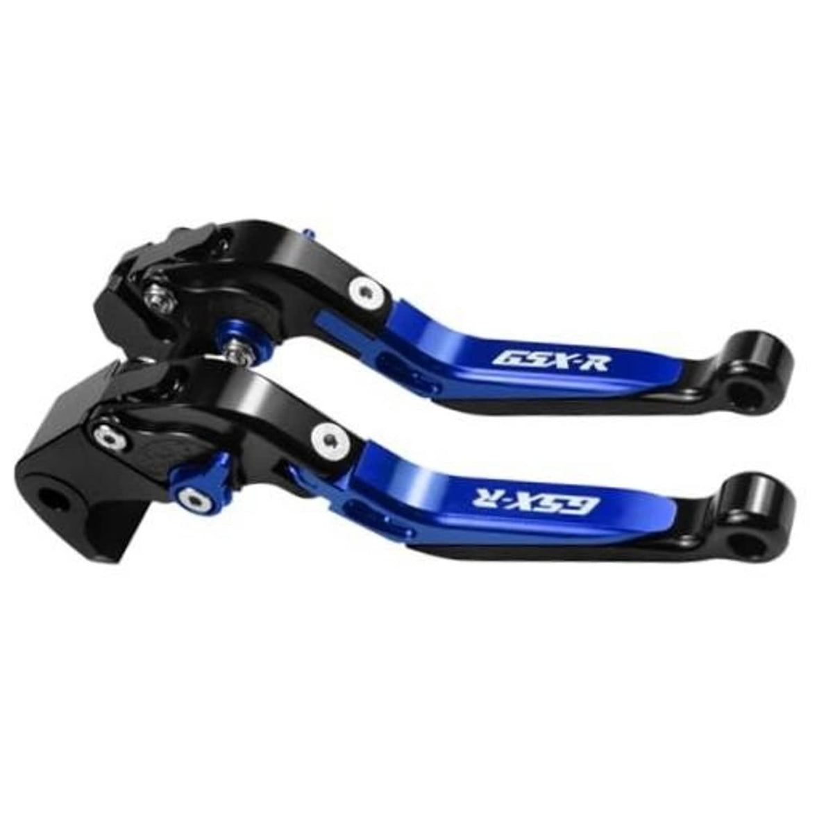 Adjustable motorcycle brake and clutch levers, blue and black, with pivot hardware
