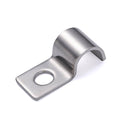One-hole pipe clamp, silver metal with single round mounting hole and strap