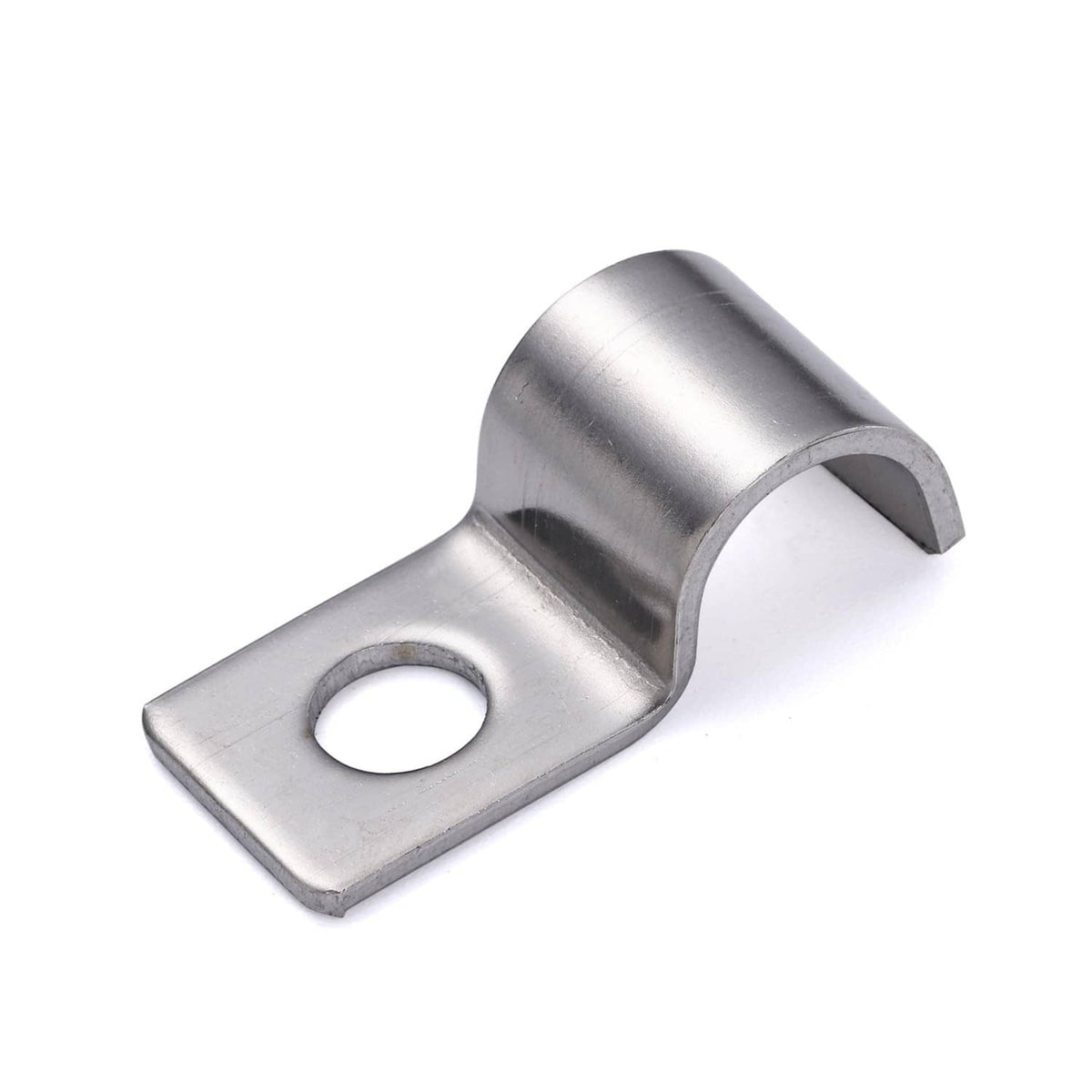 One-hole pipe clamp, silver metal with single round mounting hole and strap