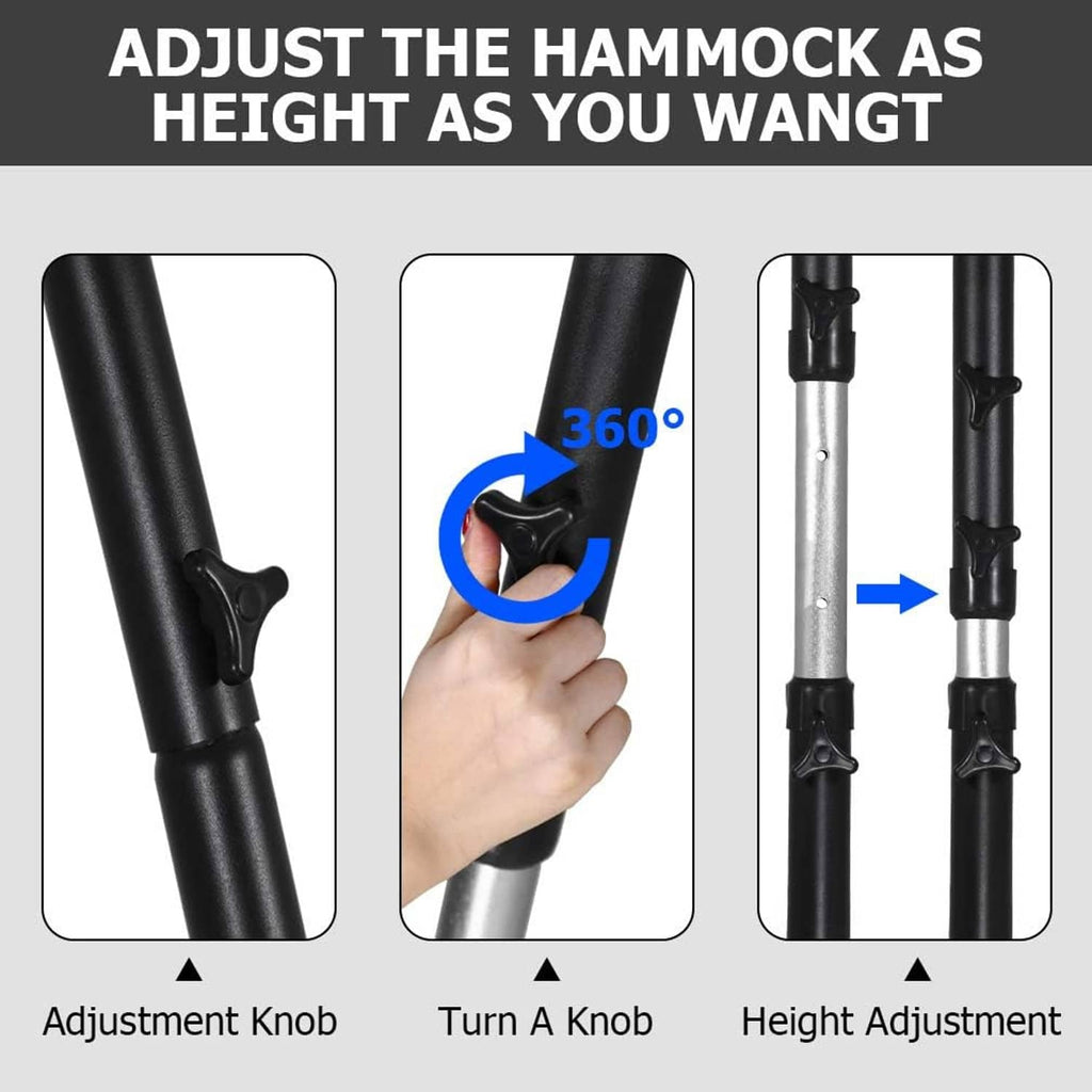 Adjustable hammock chair stand showing height adjustment knob and 360° joint