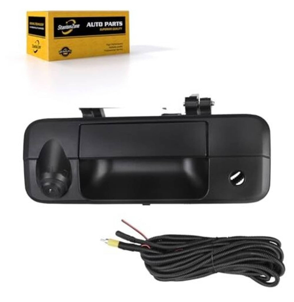 Rear tailgate handle backup camera with black housing, side lens, and wiring harness