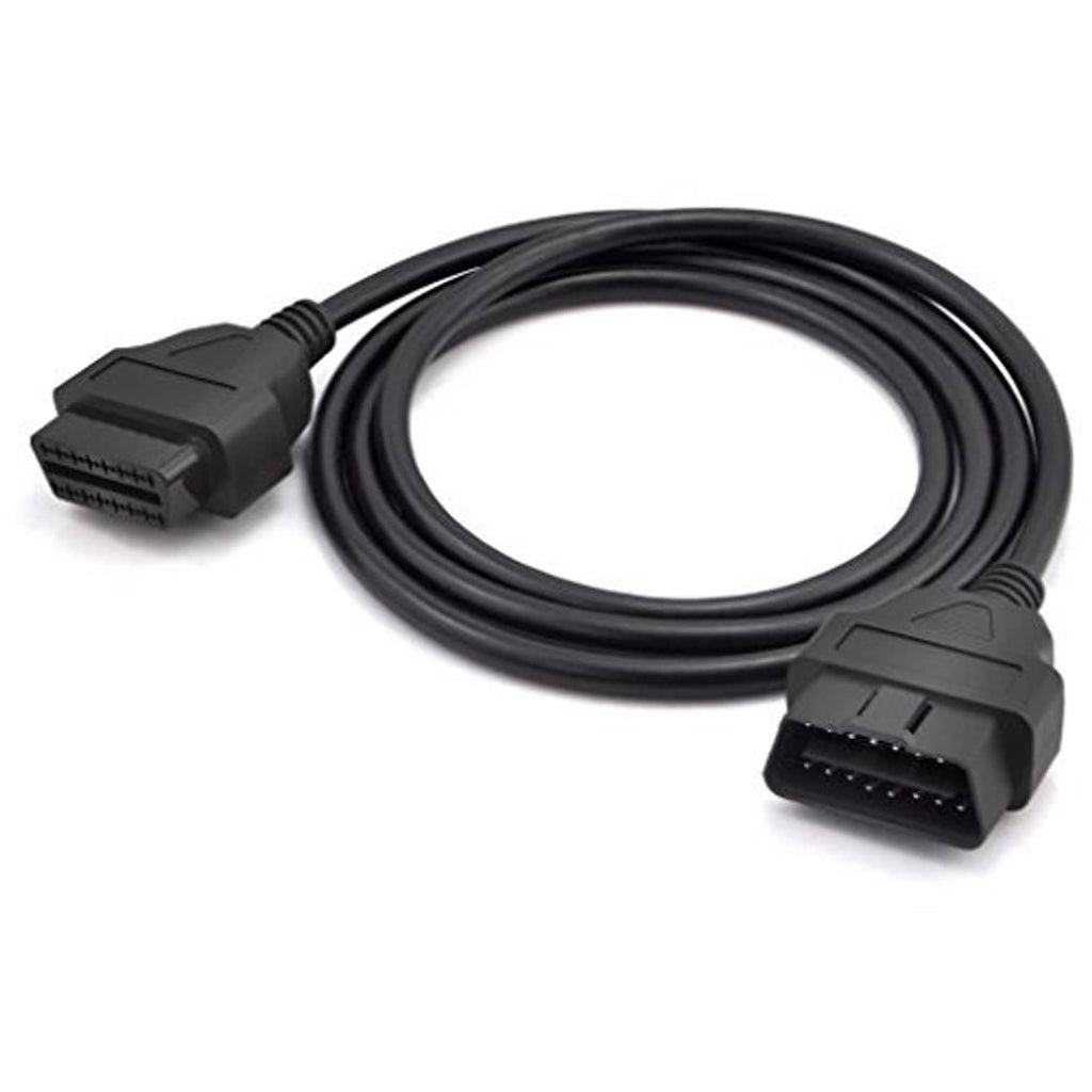 Coiled OBD diagnostic extension cable with male and female 16-pin connectors.