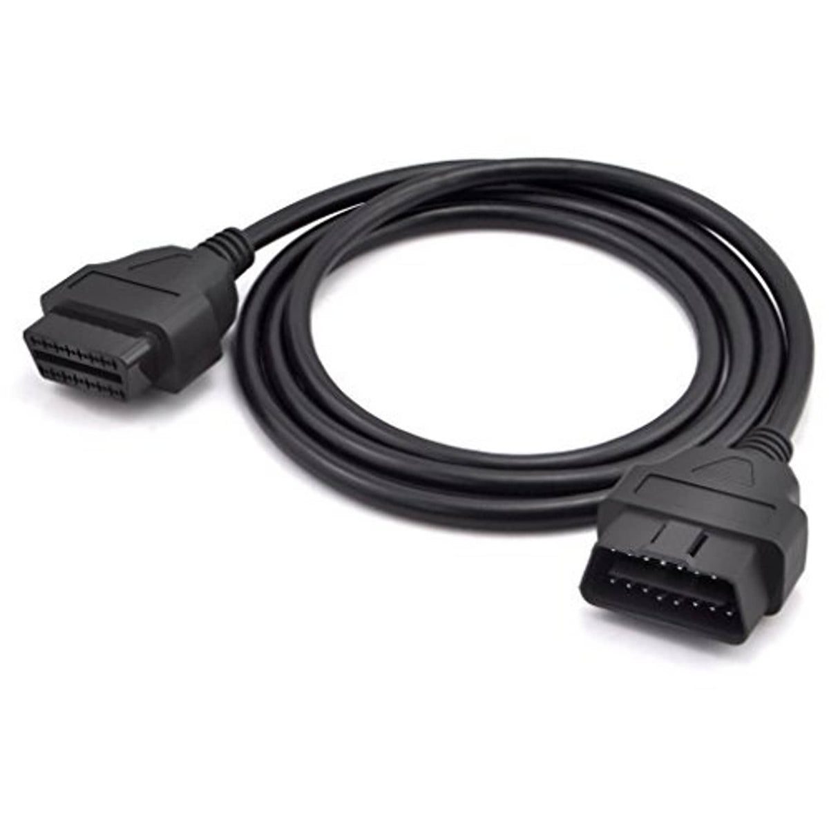 Coiled OBD diagnostic extension cable with male and female 16-pin connectors.