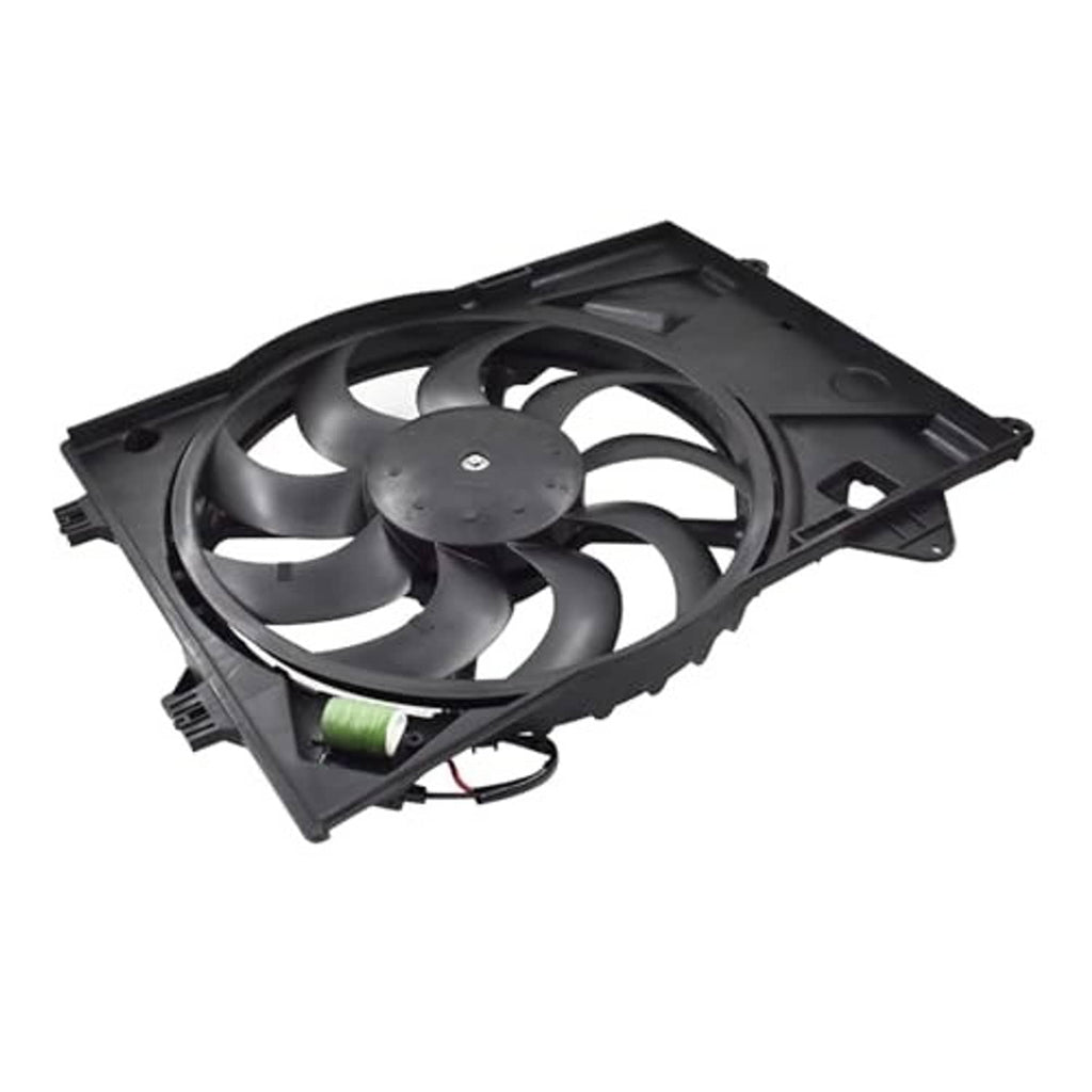Radiator cooling fan and motor assembly with gray fan blades and black mounting bracket