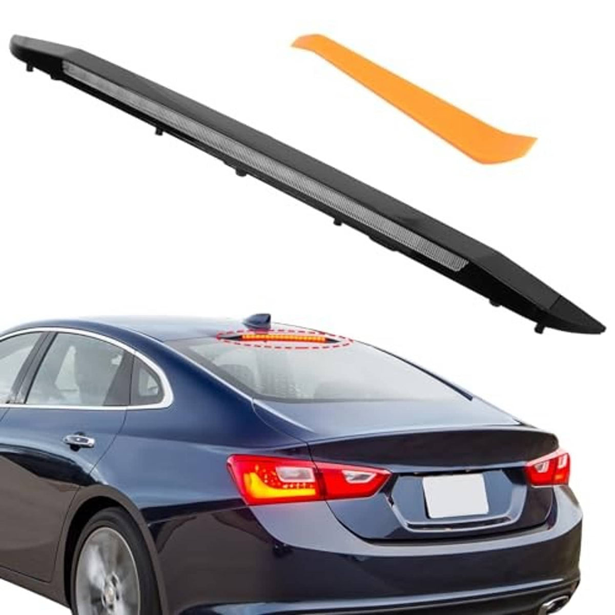 Black high mount stop light LED bar with clear ribbed lens, angled view