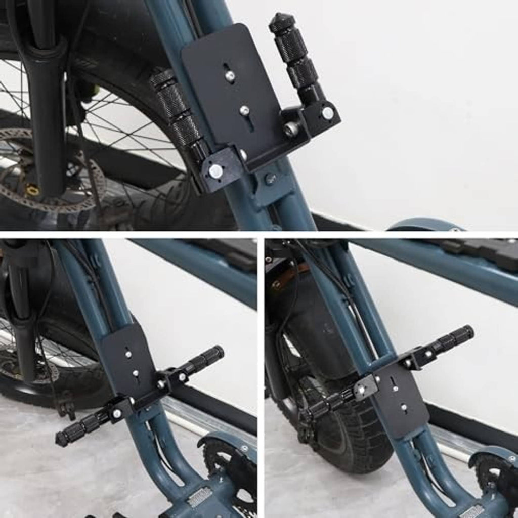 Close-up of black folding foot pegs and textured grips mounted on a blue bicycle