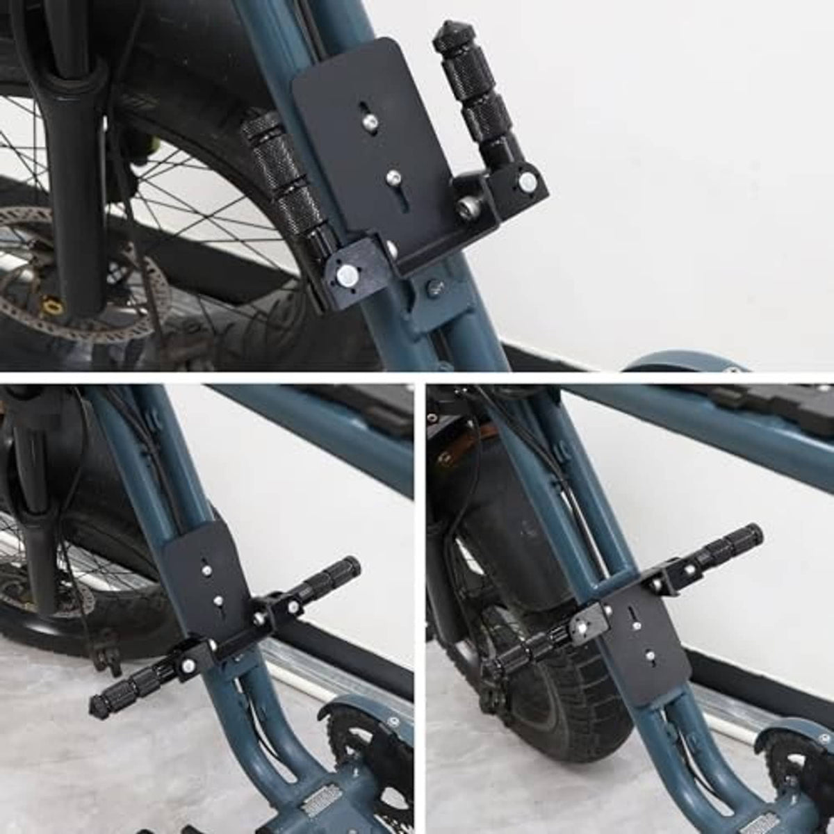 Close-up of black folding foot pegs and textured grips mounted on a blue bicycle