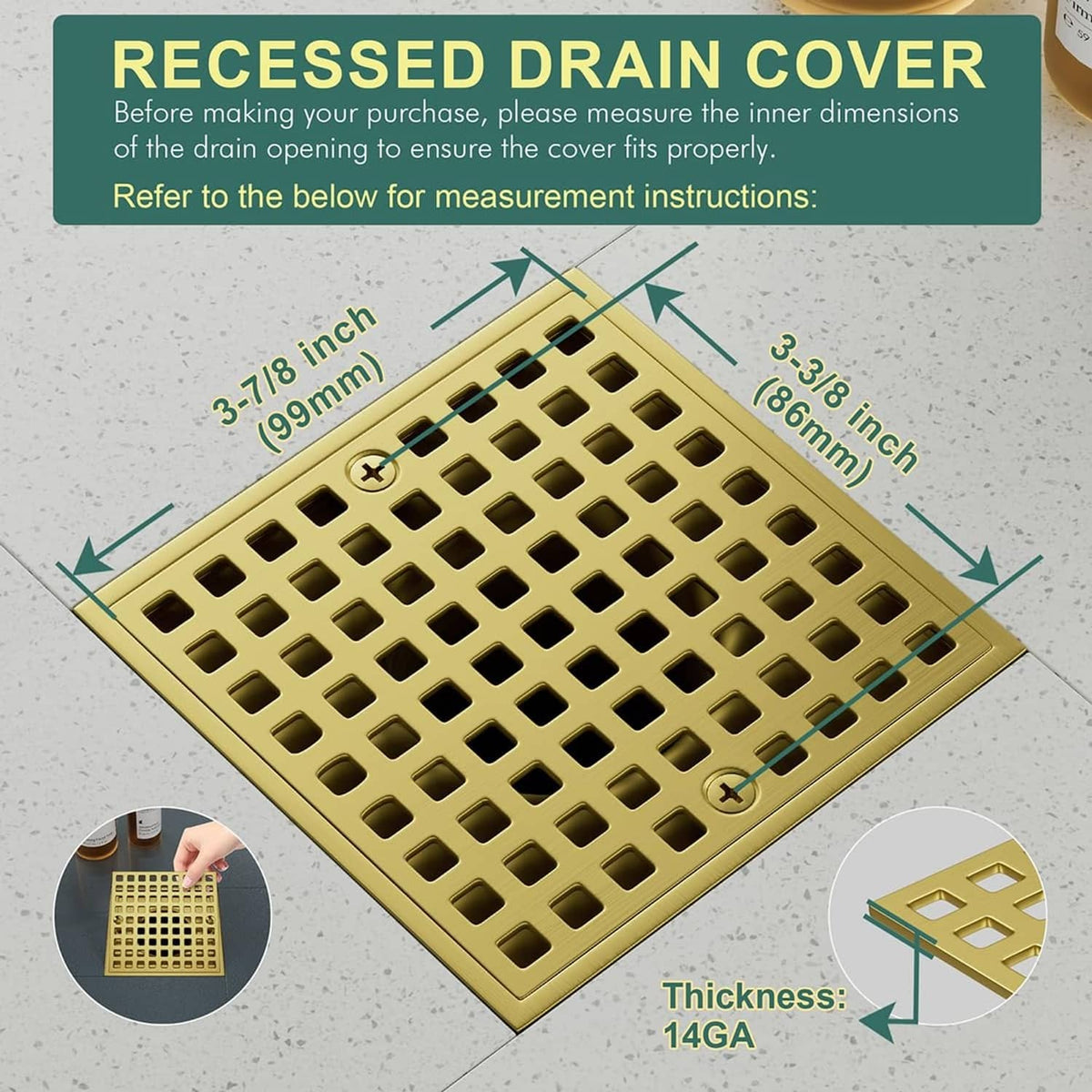 Square recessed gold shower drain cover with measuring guide corners