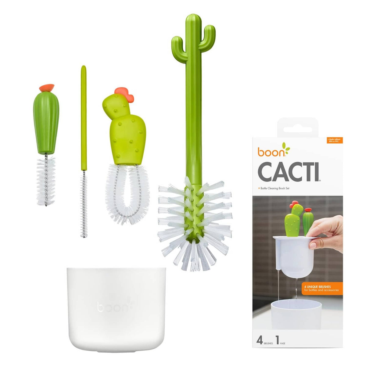 Green cactus bottle cleaning brush set with 4 included brushes and storage cup