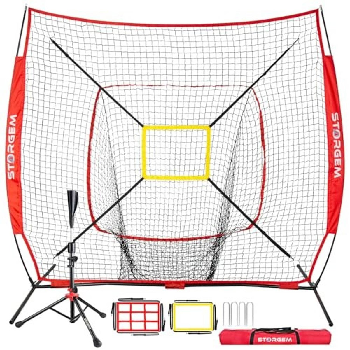 Red practice baseball net with yellow strike-zone target, curved frame and black legs