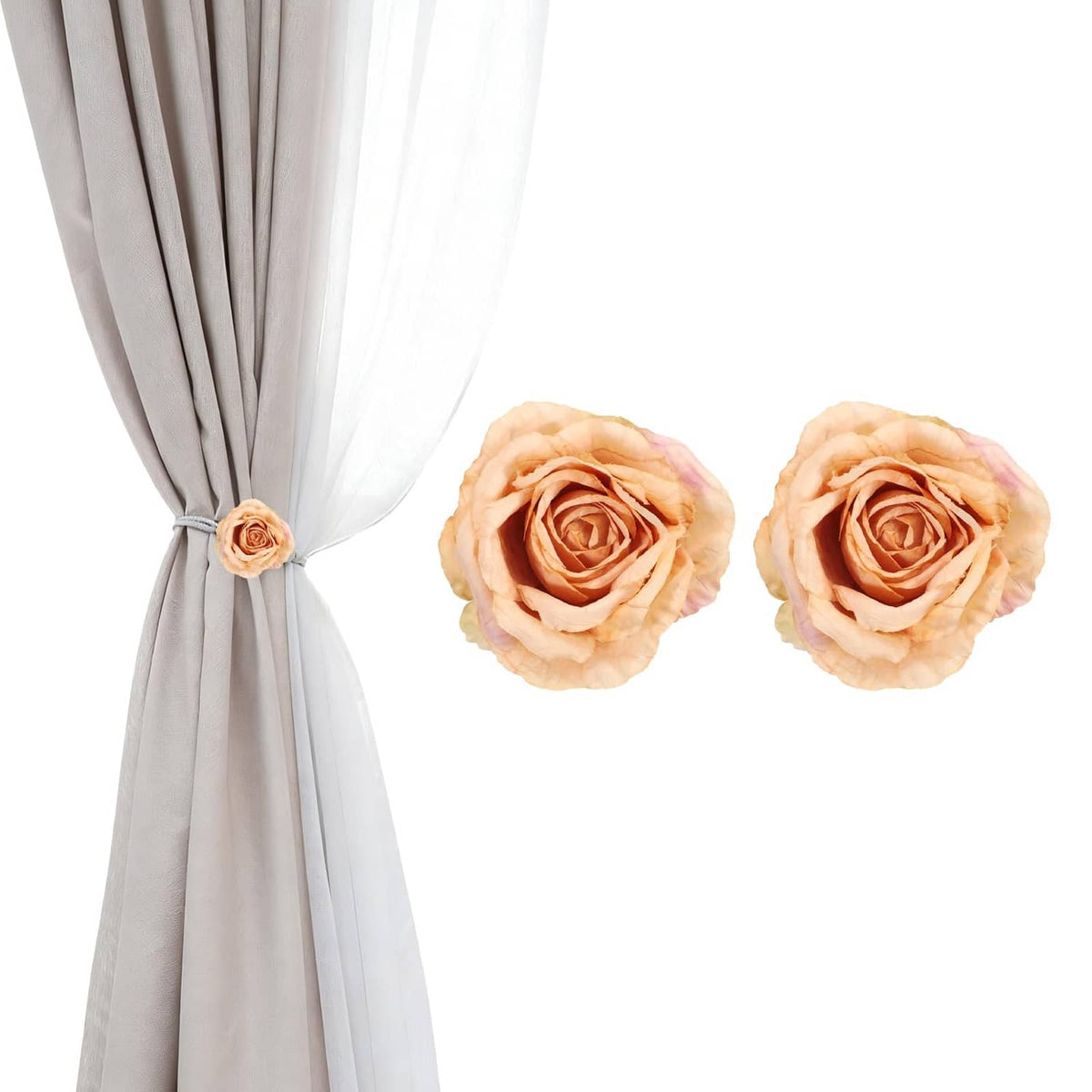 Apricot artificial rose curtain tiebacks with rosette flowers on a gathered curtain