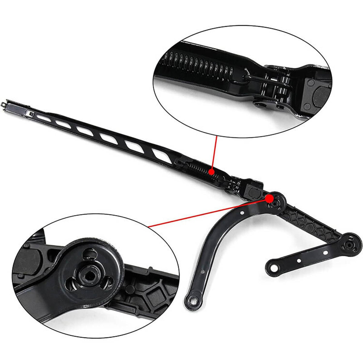 Black right windshield wiper arm with linkage and mounting bracket, single wiper arm