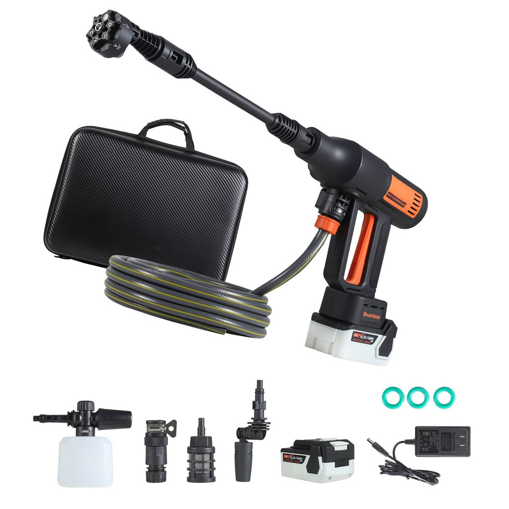 Cordless pressure washer with black-and-orange spray gun, coiled hose, and nozzle