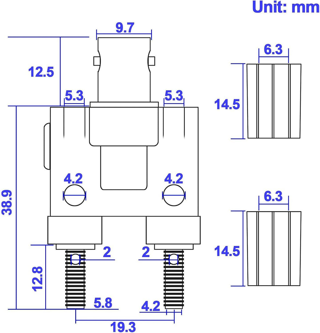 Dual BNC female to banana splitter adapter dimensions diagram with mm measurements