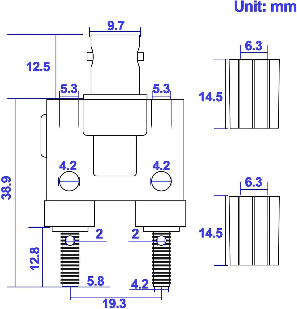 Dual BNC female to banana splitter adapter dimensions diagram with mm measurements