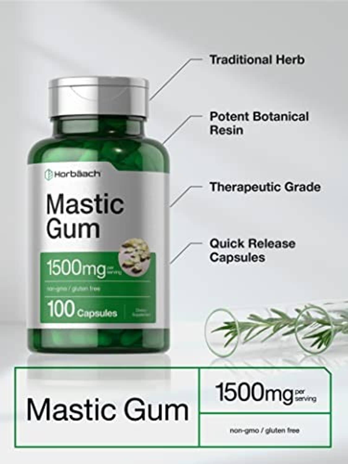 Mastic gum supplement bottle with 1500mg per serving label and 100 capsules
