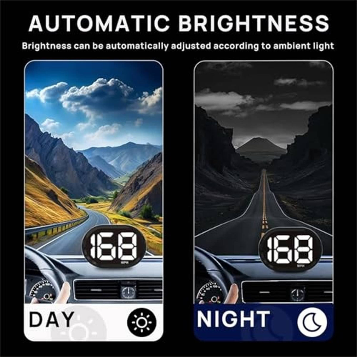 HUD speedometer with automatic brightness showing 168 MPH day and night