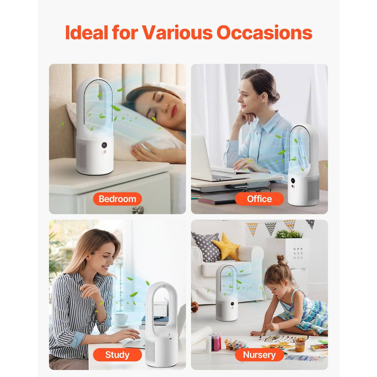 White bladeless portable desk fan for indoor use, compact arched tower design.