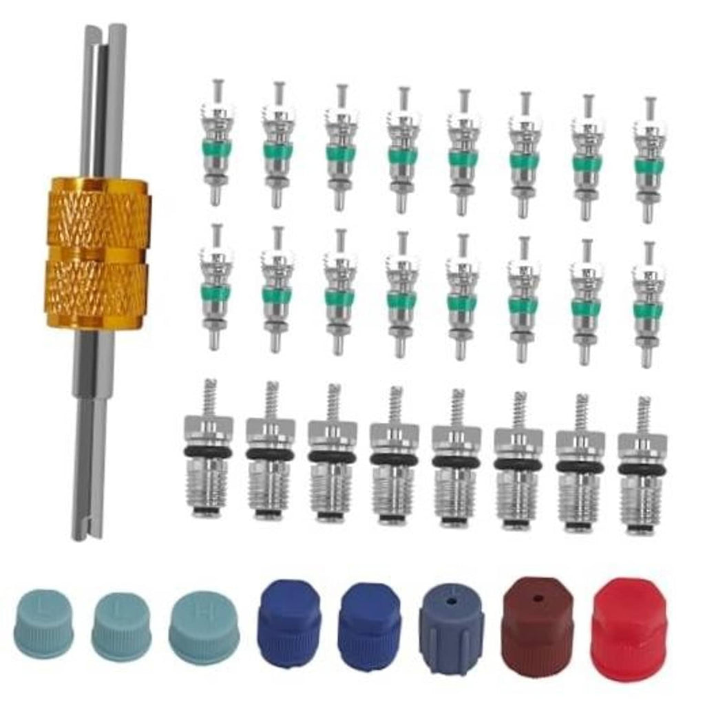 Car AC valve core kit with gold tool, metal valve cores, and colored dust caps