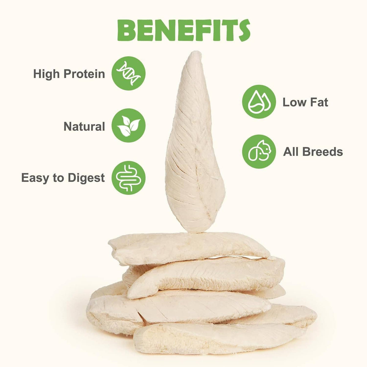 Freeze-dried chicken breast strips with one piece standing upright