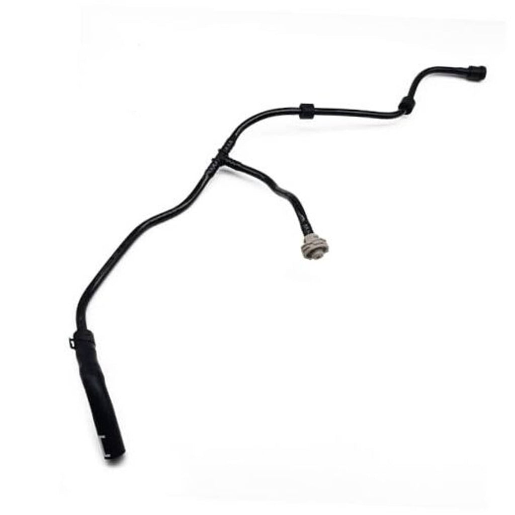 Radiator coolant reservoir hose with black rubber tubing and metal electrical connector