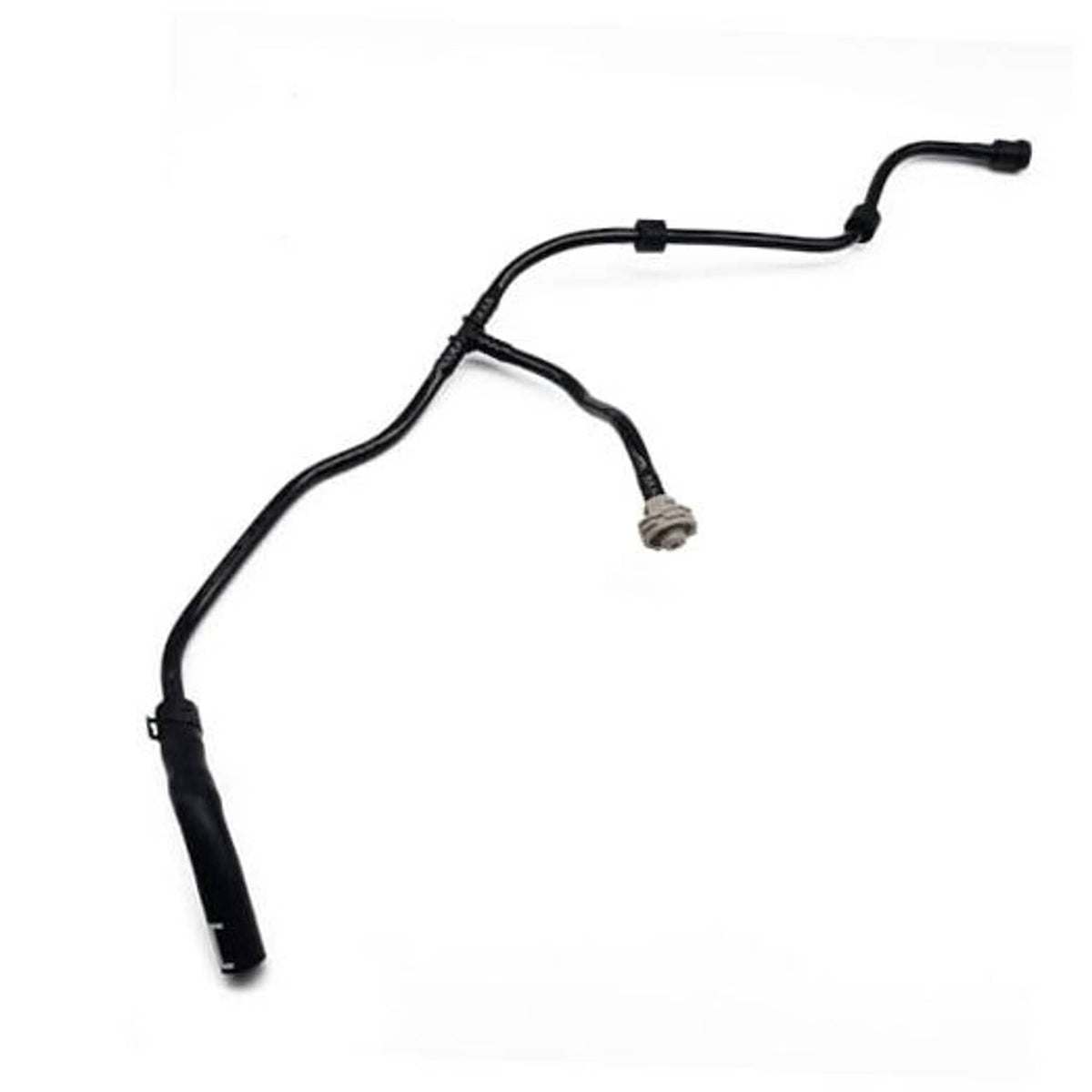 Radiator coolant reservoir hose with black rubber tubing and metal electrical connector