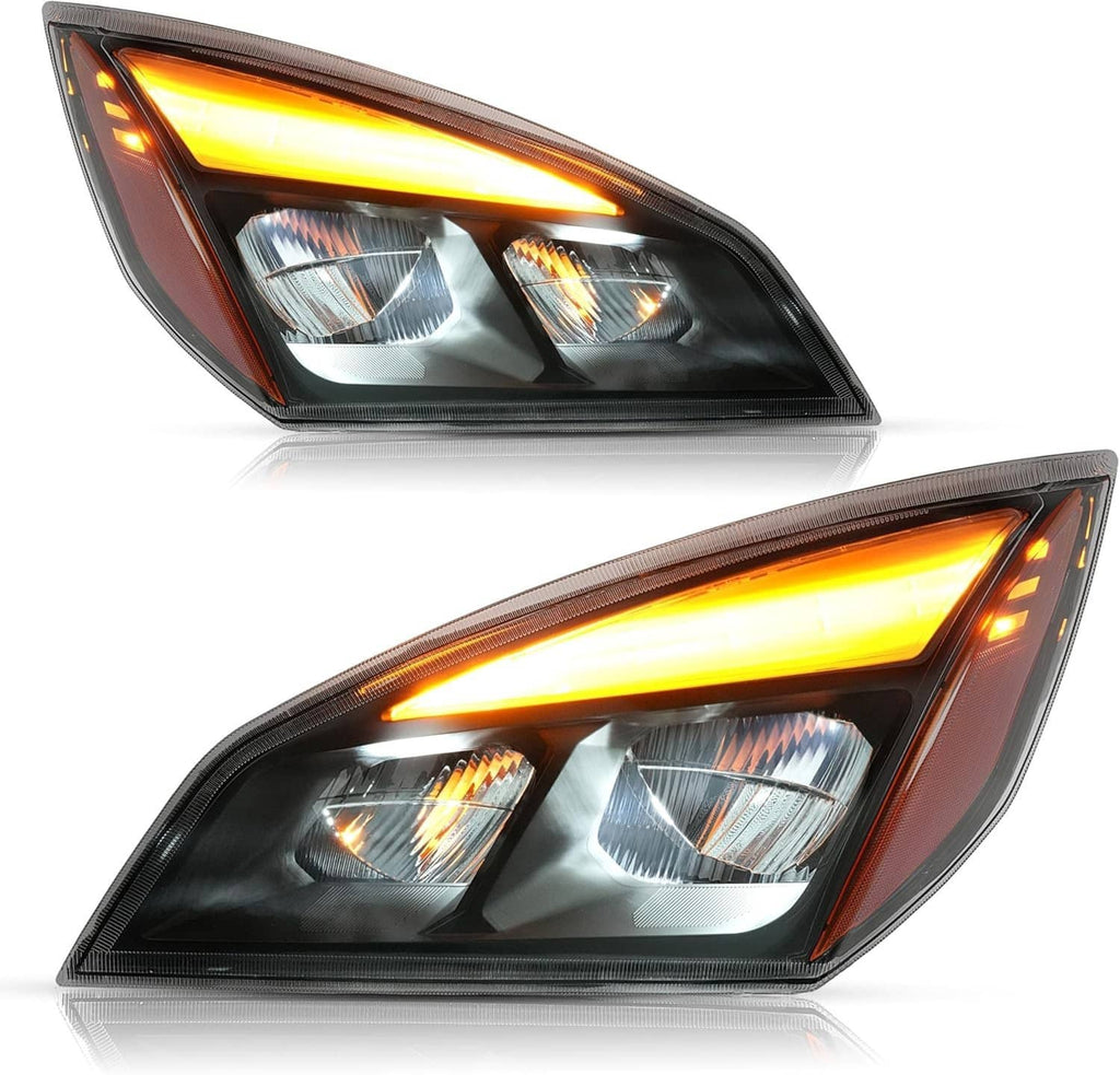 Pair of LED projector headlights with amber DRL, black housing and clear lens