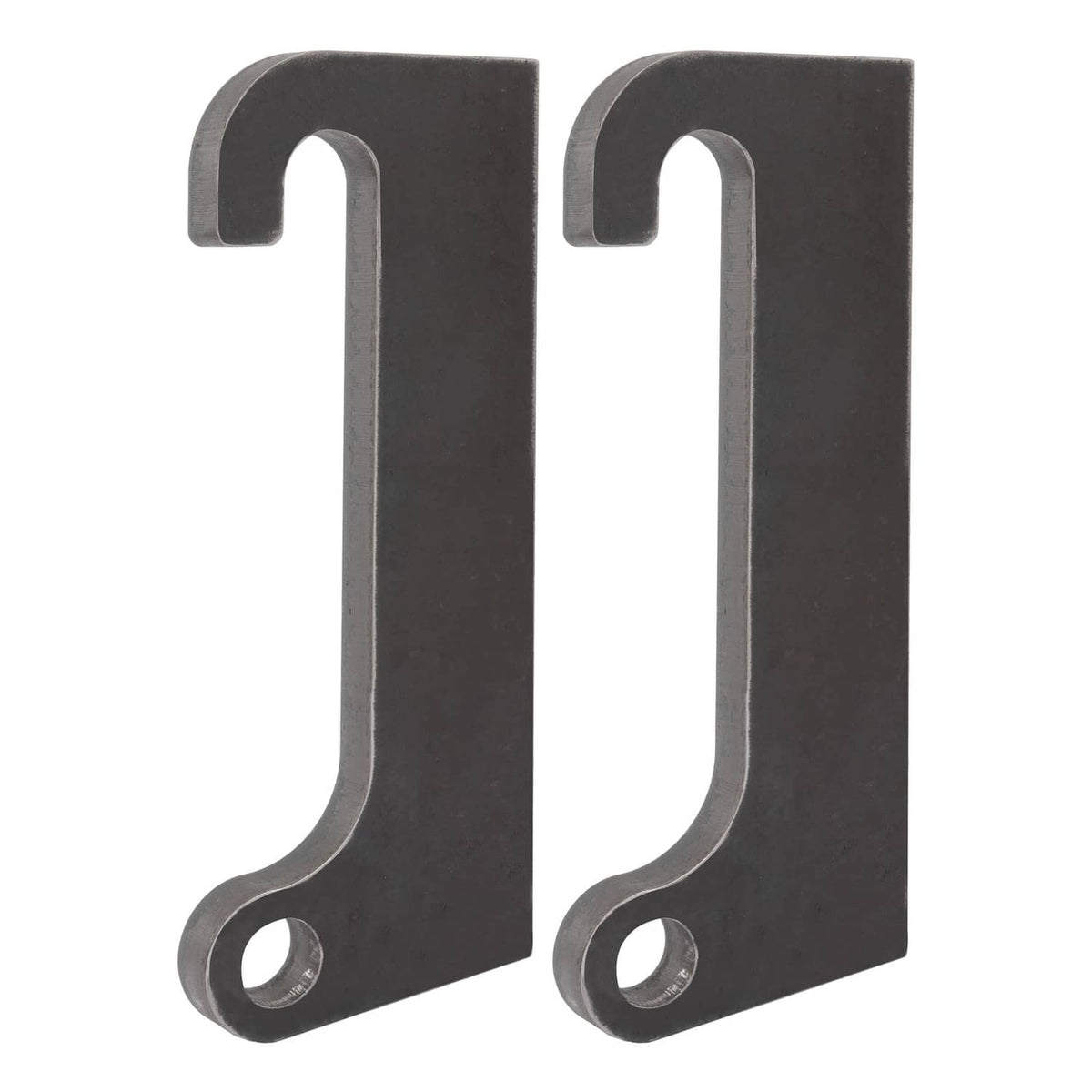 Pair of dark steel loader mount brackets with top U hooks and bottom bolt holes