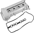 Aluminum valve cover with gasket, silver metal housing with bolt holes and ports