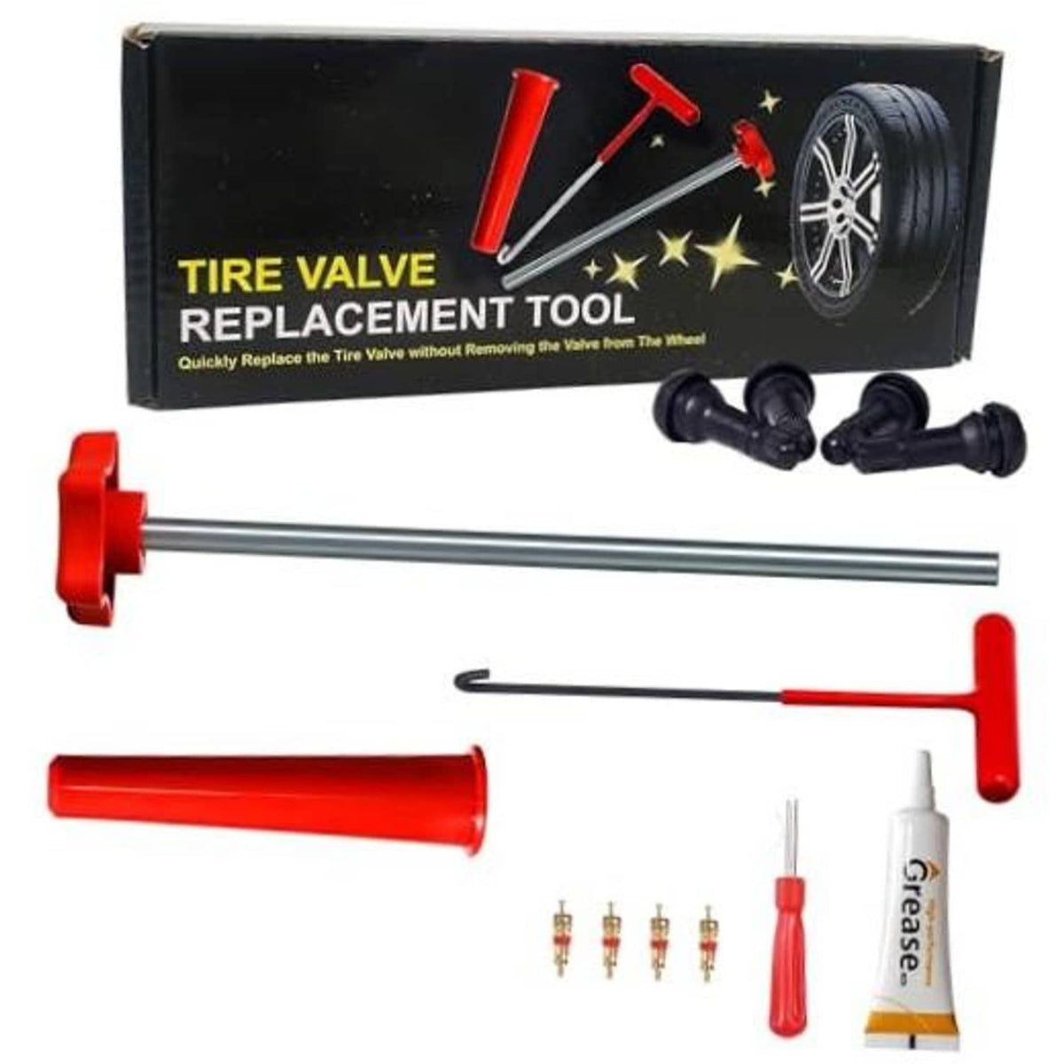 Tire valve replacement tool kit with metal rod, red handle, grease tube and valve parts