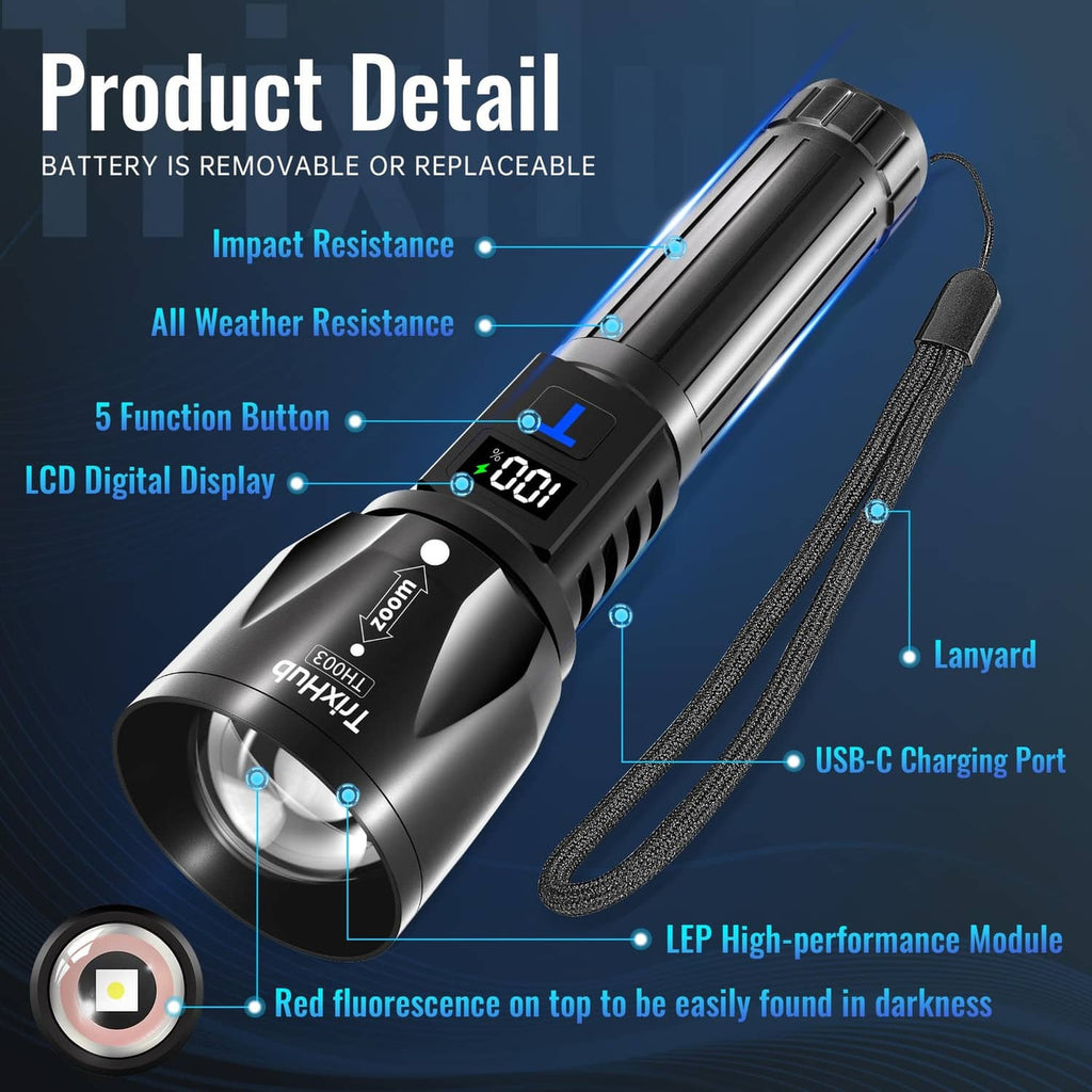 Black rechargeable flashlight with USB-C charging port and digital display