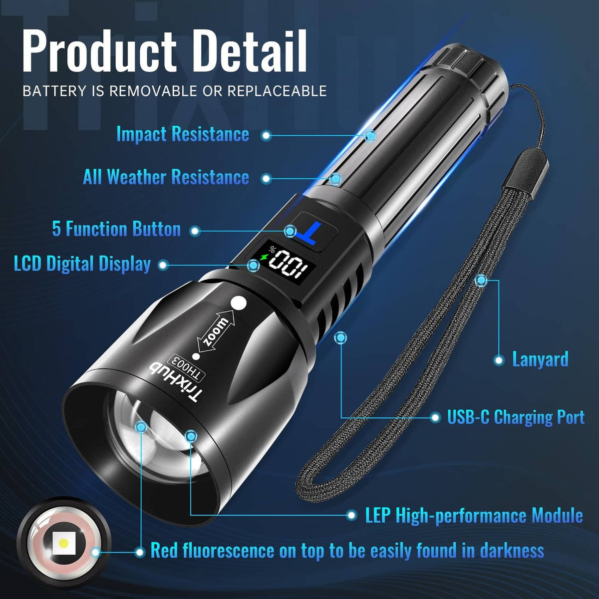 Black rechargeable flashlight with USB-C charging port and digital display