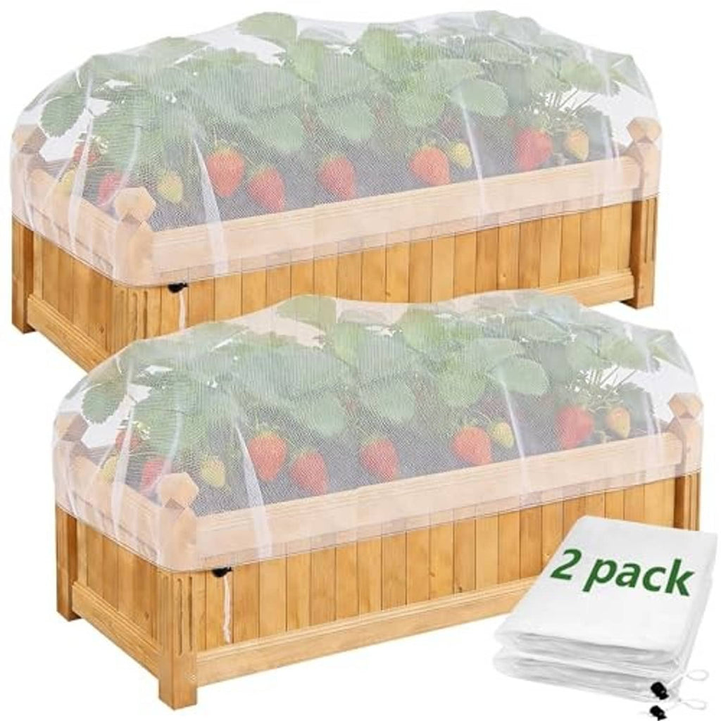 Two wooden raised beds covered with translucent green garden netting