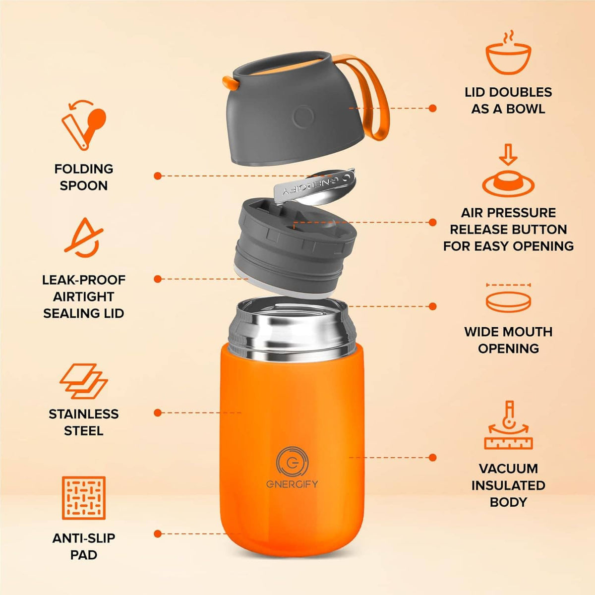 Vacuum insulated food jar with wide mouth lid and folding spoon, orange and gray