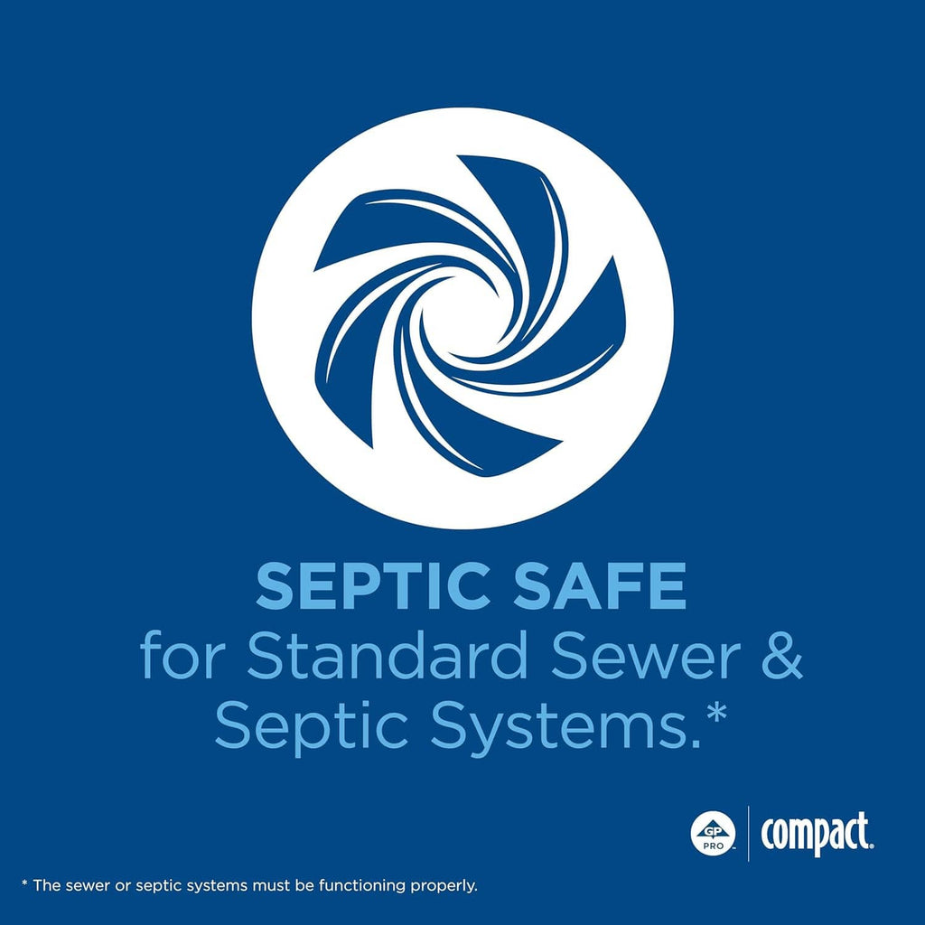 Septic safe badge for compact coreless toilet paper, with compact logo.