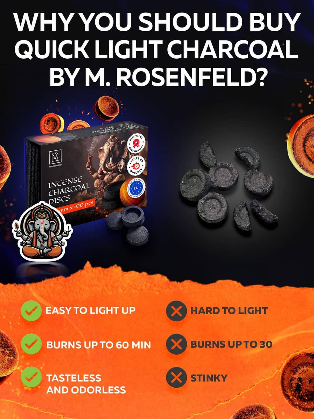 Incense charcoal discs and charcoal pack with several dark circular coals