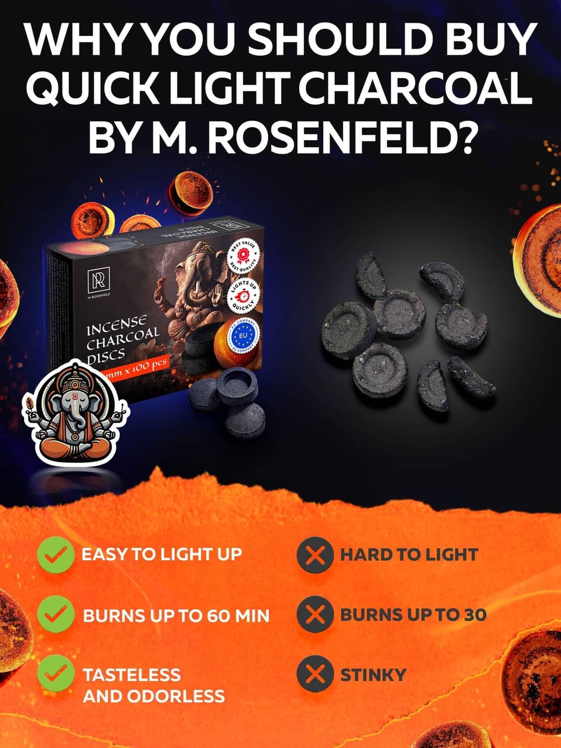 Incense charcoal discs and charcoal pack with several dark circular coals