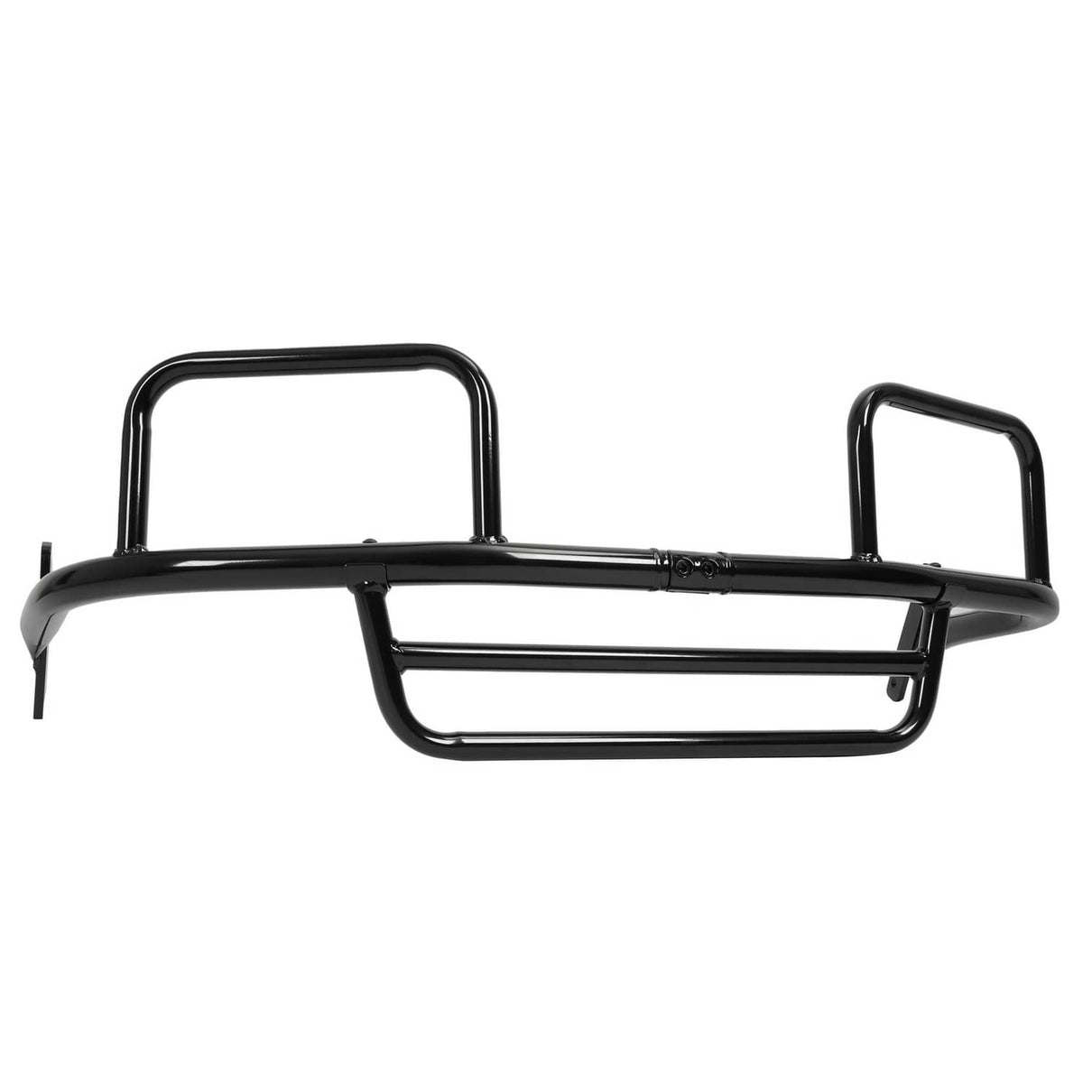 Black steel front brush guard with curved hoop top and rectangular center bar