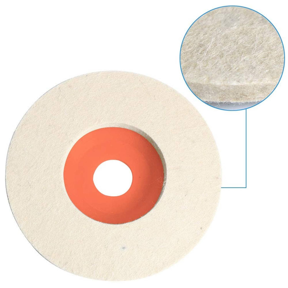 Wool felt polishing wheel pad with orange inner ring and central hole