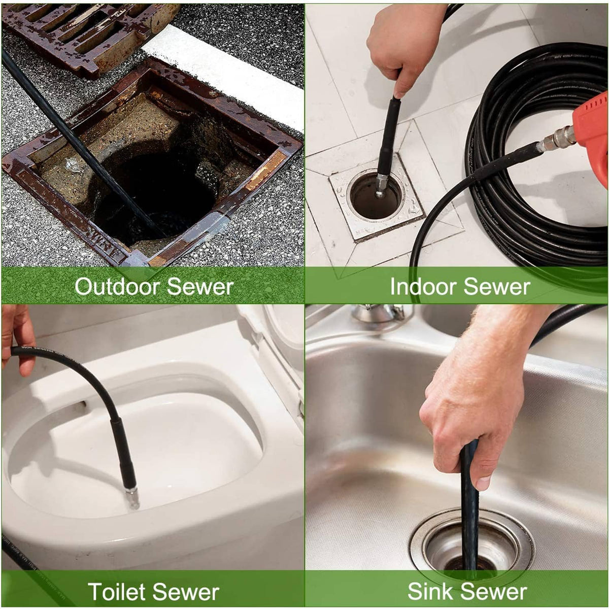 Sewer jetter hose with water spray for clearing drain openings in indoor and outdoor areas