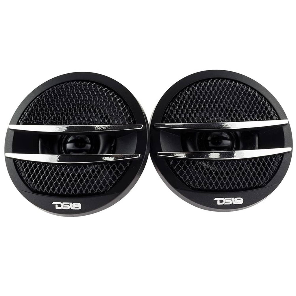 DS18 tweeter pair with black mesh grilles, silver trim rings, and DS18 logo